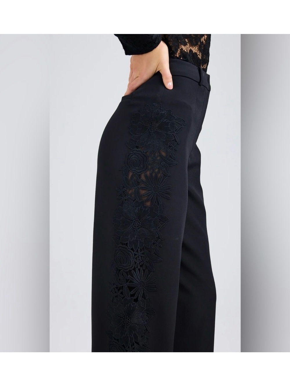 High-Waist Black Wide-Leg Pants with Floral Lace Panel